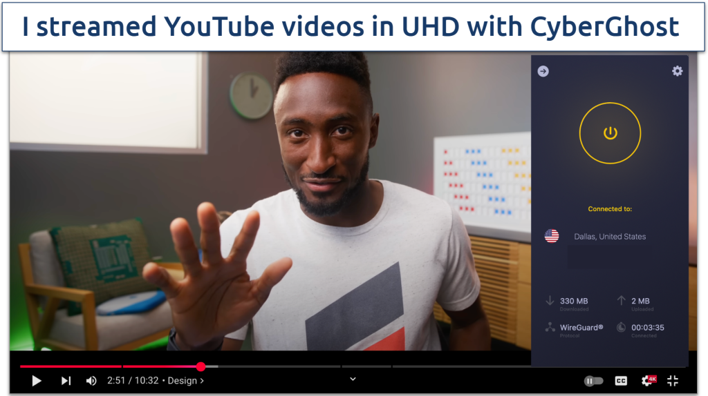 Screenshot of MKBHD's YouTube video streaming in 4K using CyberGhost's server in Dallas