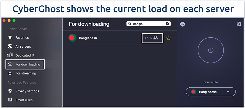 Screenshot of CyberGhost's P2P-optimized server in Bangladesh showing its server load
