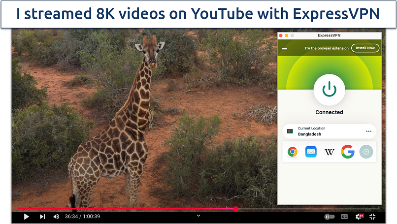 Screenshot of a nature documentary streaming on YouTube in 8K resolution while connected to ExpressVPN's Bangladesh server