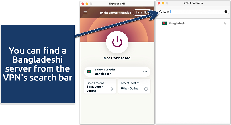 Screenshot of ExpressVPN's Mac app showing a Bangladeshi server