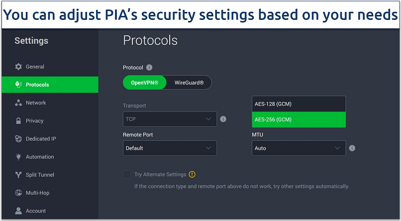 Screenshot of PIA's adjustable security settings, including flexible encryption