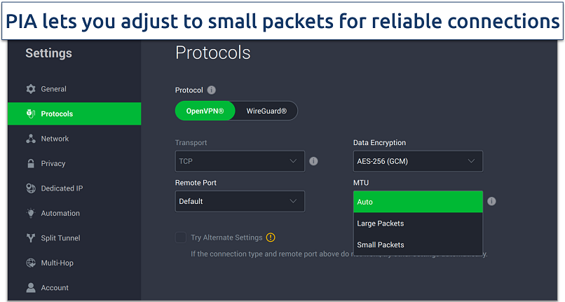 Screenshot of PIA's Mac app interface showing how to adjust MTU packet size
