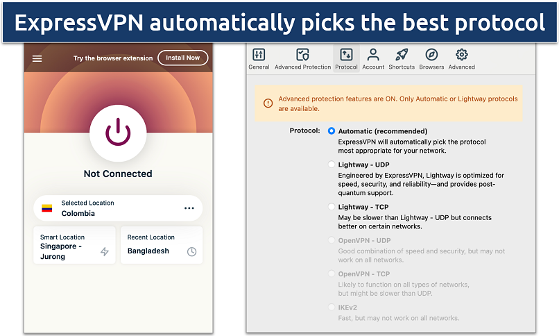 Screenshot of ExpressVPN's protocol list