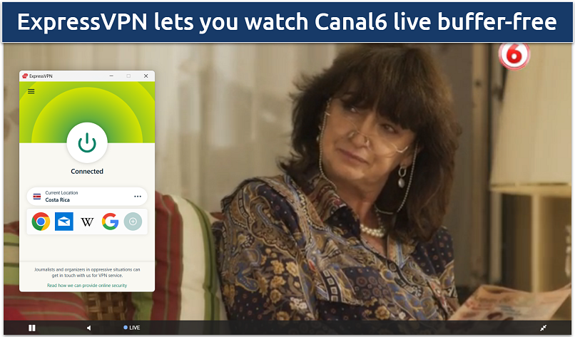 Screenshot of streaming Canal 6 while connected to ExpressVPN's Costa Rica server
