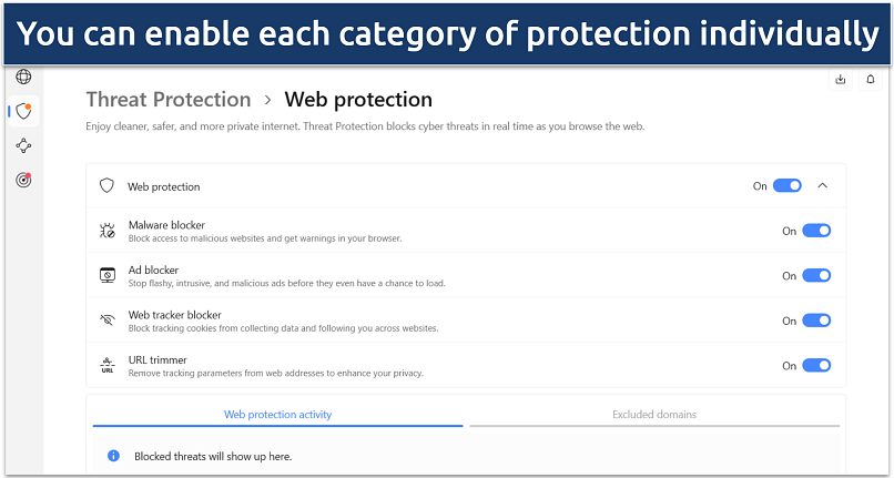 Screenshot of NordVPN's Threat protection with additional options under Web protection.