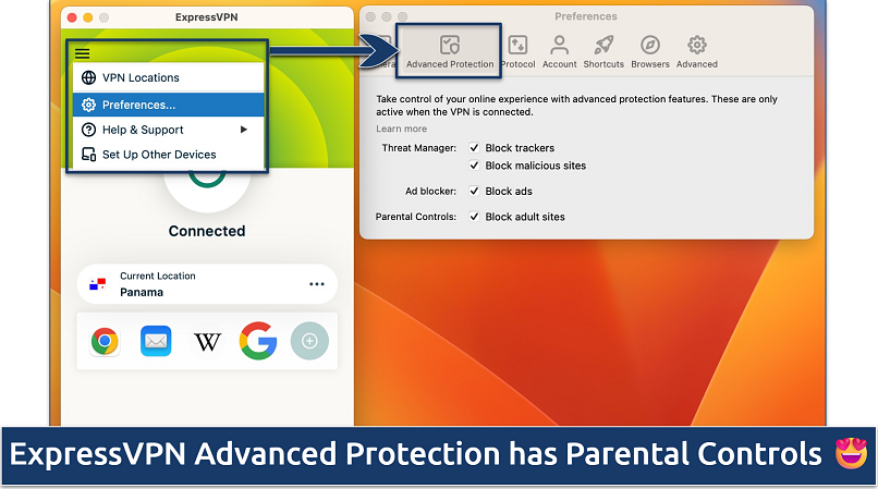 Screenshot of the Advanced Protection settings in the ExpressVPN app