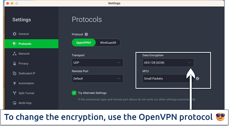 Screenshot of the encryption settings in the PIA app