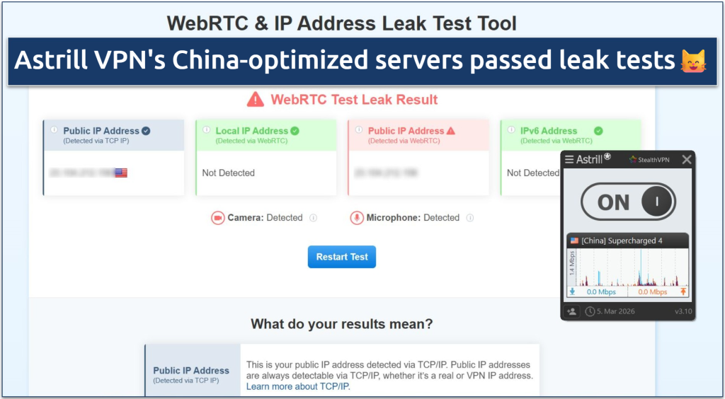 Screenshot showing Astrill VPN passed IP/DNS/WebRTC leak tests