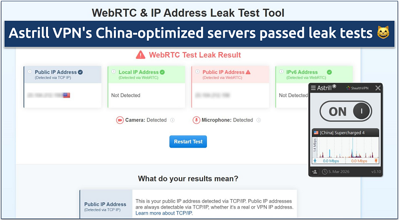 Screenshot showing Astrill VPN passed IP/DNS/WebRTC leak tests