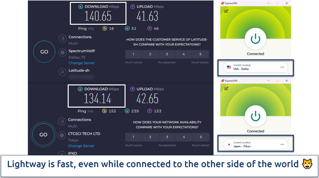 Screenshot of ExpressVPN's app next to Ookla speed tests on Dallas and Tokyo servers