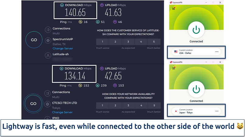 Screenshot of ExpressVPN's app next to Ookla speed tests on Dallas and Tokyo servers
