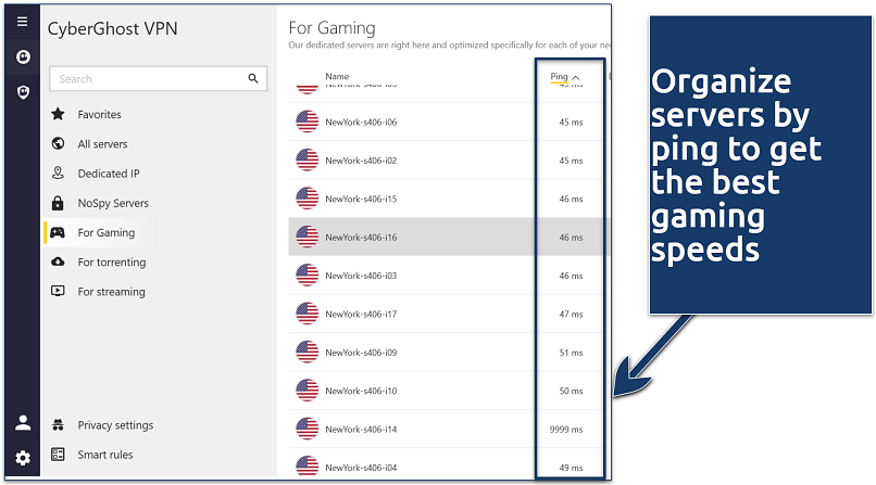 Screenshot of CyberGhost Window's app highlighting the ping ratings next to servers in the list