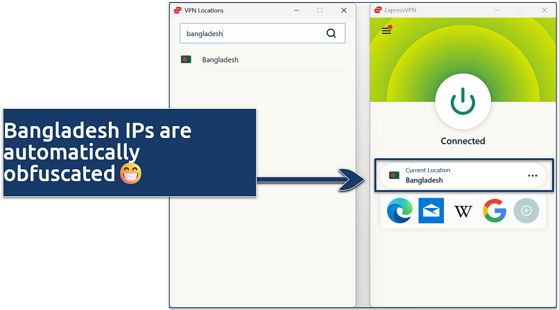 Screenshot of ExpressVPN Window's app connected to a Bangladesh server