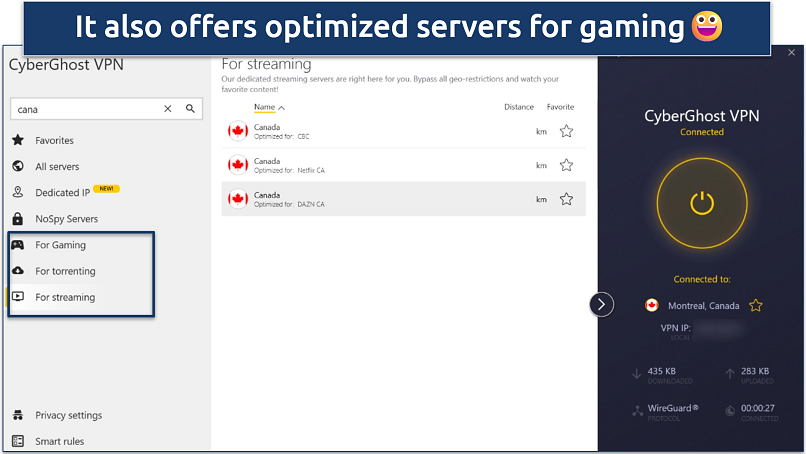 Screenshot of CyberGhost VPN connected to a Montreal DAZN server