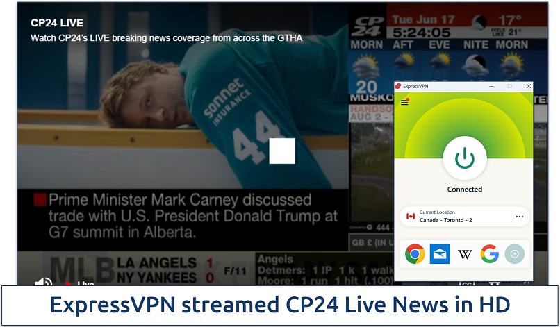 Screenshot of ExpressVPN connected to a Toronto server while streaming CP24 Live