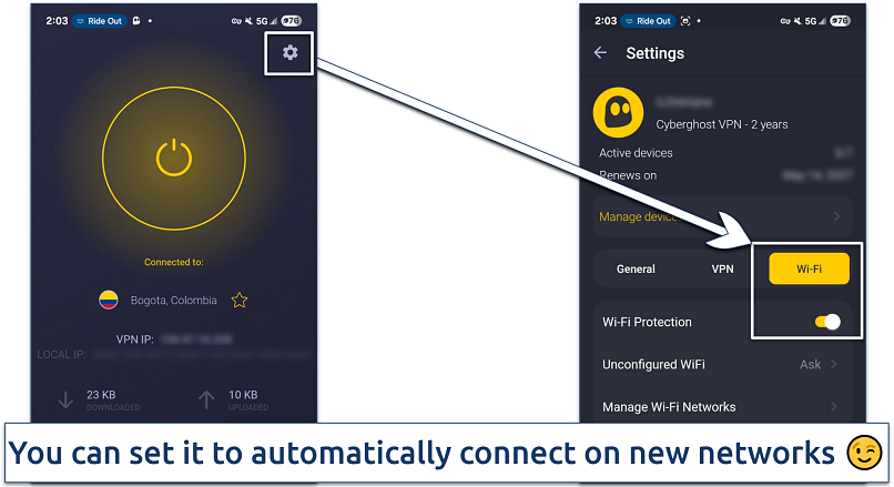 Screenshot of CyberGhost's Android app connected to a Colombia server and highlighting how to adjust automatic WiFi settings