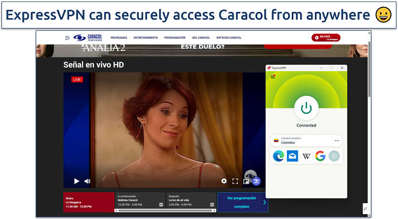 Screenshot of ExpressVPN connected to a Colombia server while streaming Senal en vivo on Caracol Television