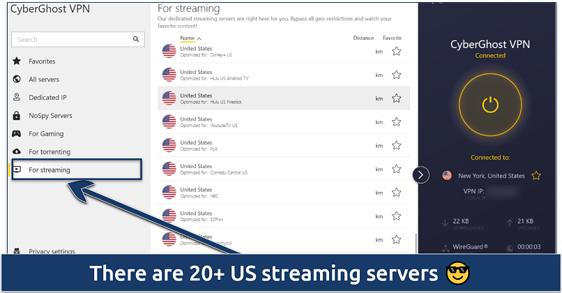 Screenshot of CyberGhost VPN app showing a list of US streaming-optimized servers, including Disney+, Hulu, and YouTube TV