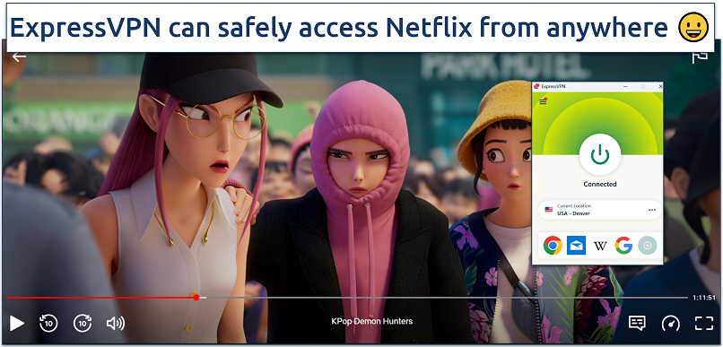 Screenshot of ExpressVPN connected to a Denver server while streaming Netflix content featuring the film KPop Demon Hunters.