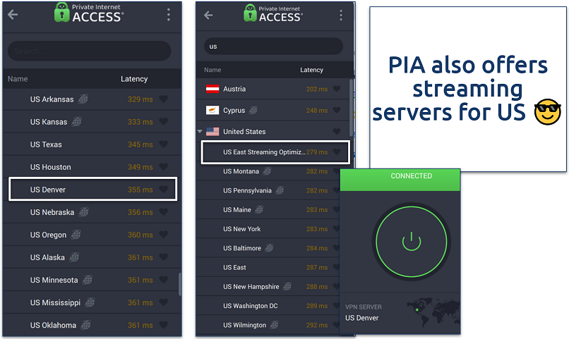 Screenshot of the PIA app showing available US servers, including Denver and a US East Streaming Optimized server
