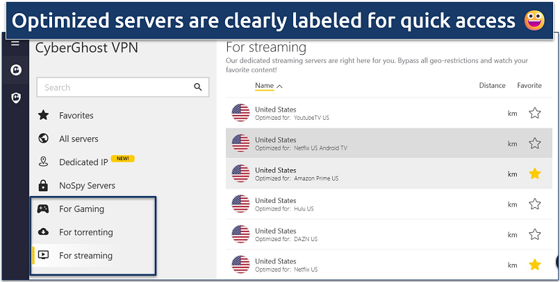 Screenshot of CyberGhost VPN app showing dedicated servers