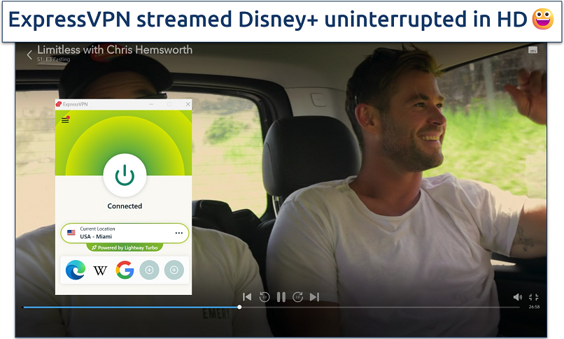 Screenshot of ExpressVPN connected to a Miami server while streaming Disney+ content featuring Chris Hemsworth.
