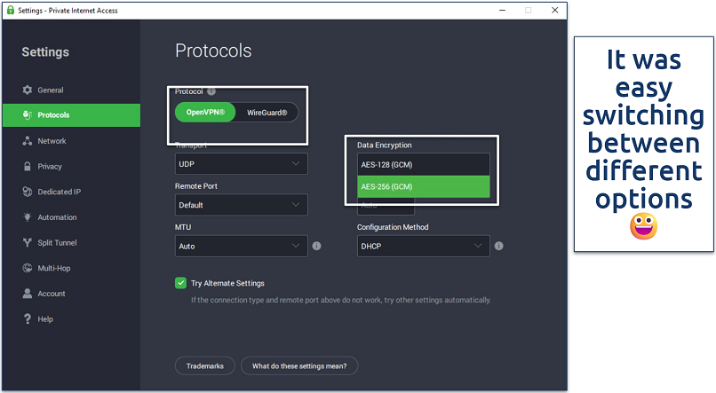 Screenshot of PIA's Protocol Settings screen showing the security setting customization options