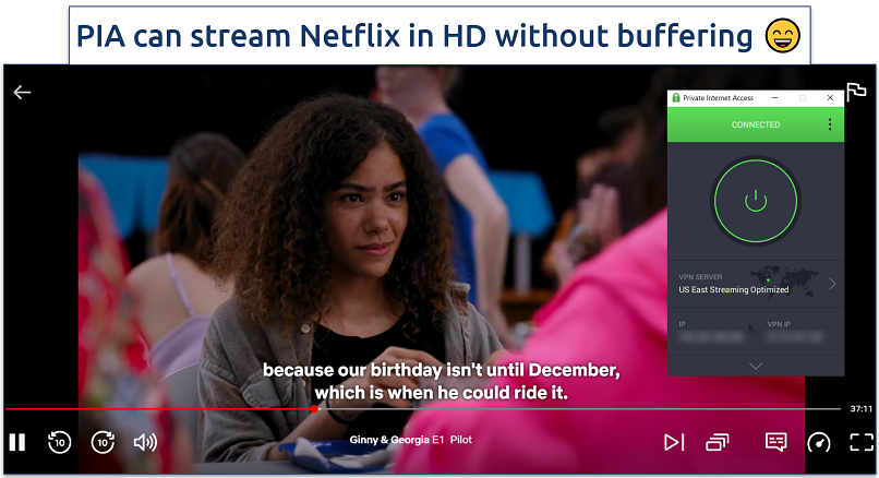 Screenshot of the PIA app streaming Ginny and Georgia with US streaming server connected