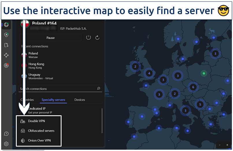 Screenshot of the NordVPN app showing its specialty servers