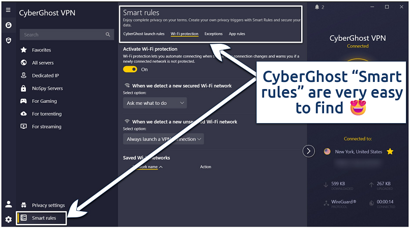 Screenshot of the CyberGhost app interface showing smart rules