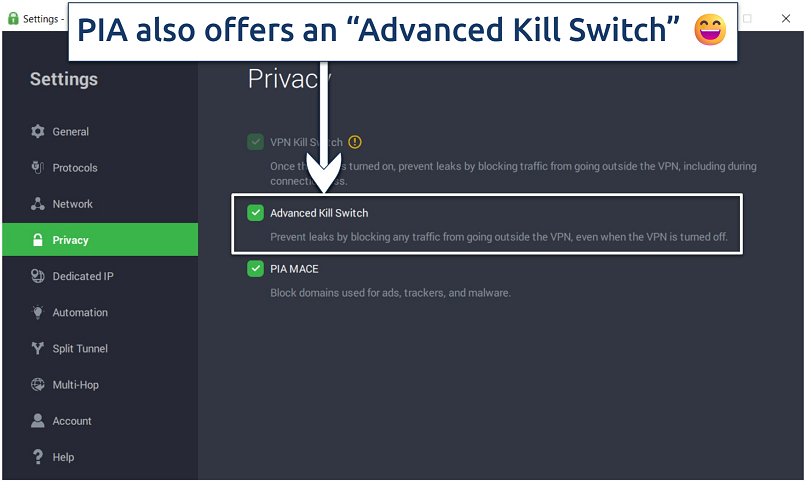 Screenshot of the PIA app showing the privacy settings of PIA on Windows