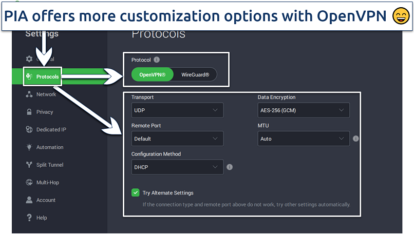 Screenshot of the PIA app showing protocol settings with OpenVPN highlighted