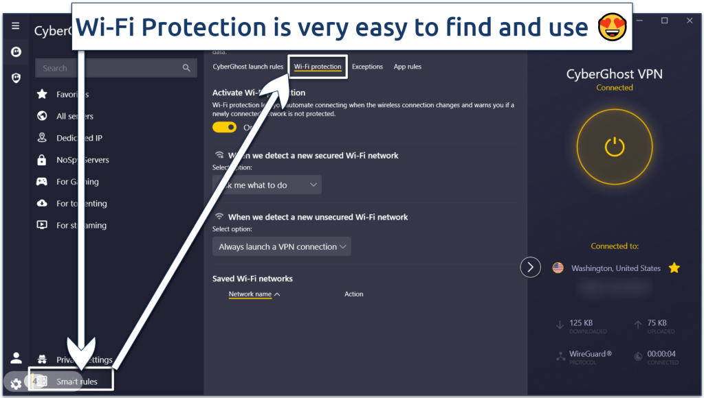 Screenshot of the CyberGhost app interface showing the smart rules with Wi-Fi protection highlighted