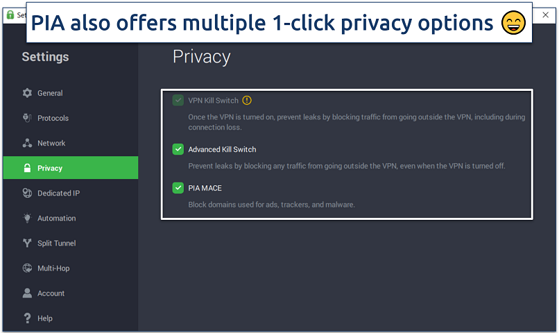 Screenshot of the PIA app showing some of the privacy options