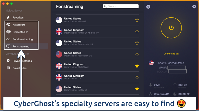Screenshots of the CyberGhost app with its specialty servers highlighted