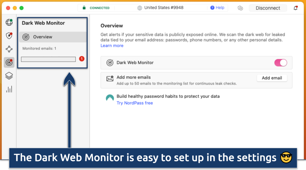 Screenshots of the NordVPN app with the Dark Web Monitor dashboard