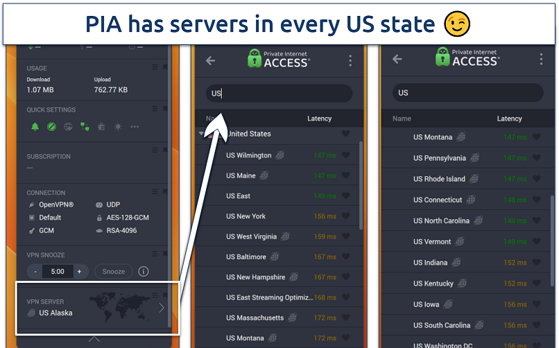 Screenshots of the PIA app connected to an Alaska server