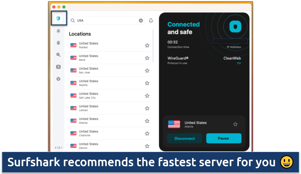 Screenshots of the Surfshark app showing its list of VPN servers