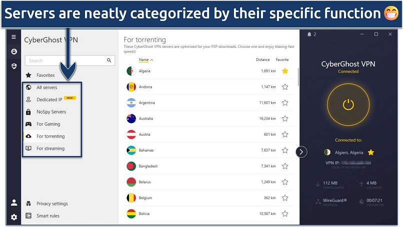 Screenshot showing various specialty server categories within the CyberGhost Windows app