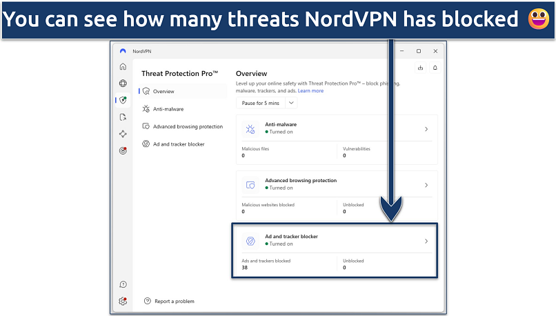 Screenshot of the NordVPN Windows app showing an overview of Threat Protection Pro