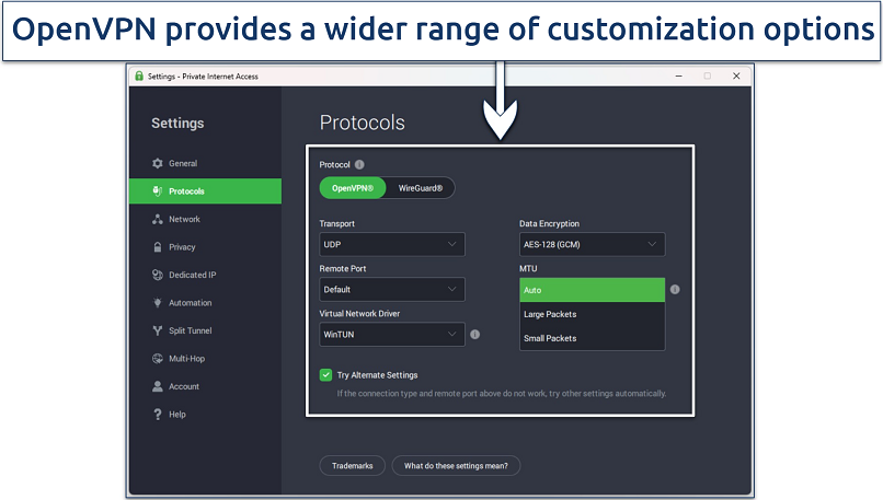 Screenshot of the PIA Windows app showing some of the ways you can customize your connection