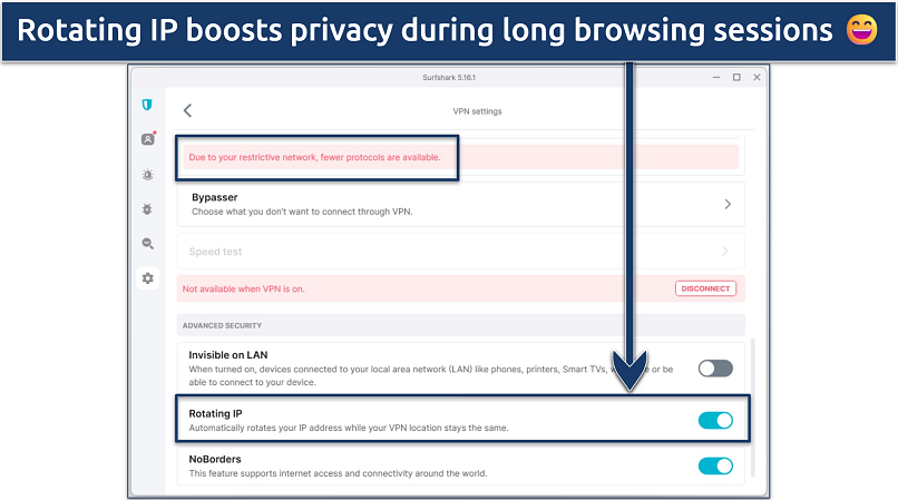 Screenshot of the Surfshark Windows app showing advanced security settings like Rotating IP, NoBorders, and ByPasser
