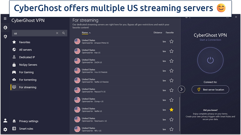 A screenshot showing CyberGhost's streaming-optimized servers on the Windows app