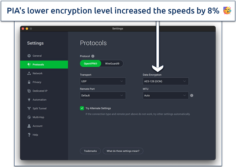 Screenshots of streaming PIA's settings window showing different encryption levels and protocols