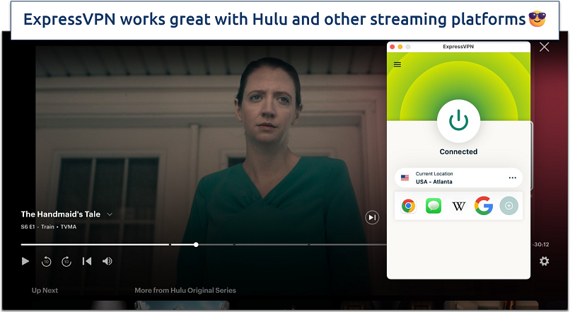 Screenshots of streaming The Handmaid's Tale on Hulu while connected to the ExpressVPN Atlanta server