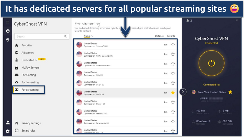 Screenshots showing some of CyberGhost's dedicated streaming servers