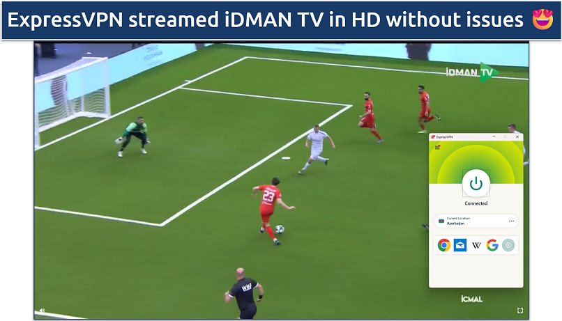 Screenshots showing a minifootball match streaming on iDMAN TV while connected to the ExpressVPN Azerbaijan server