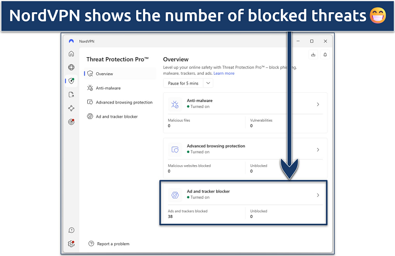 Screenshots showing NordVPN's Threat Manager Pro feature
