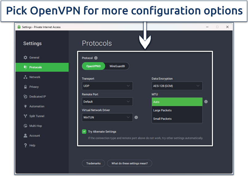Screenshots showing some of the available connection configuration options on PIA's Windows app