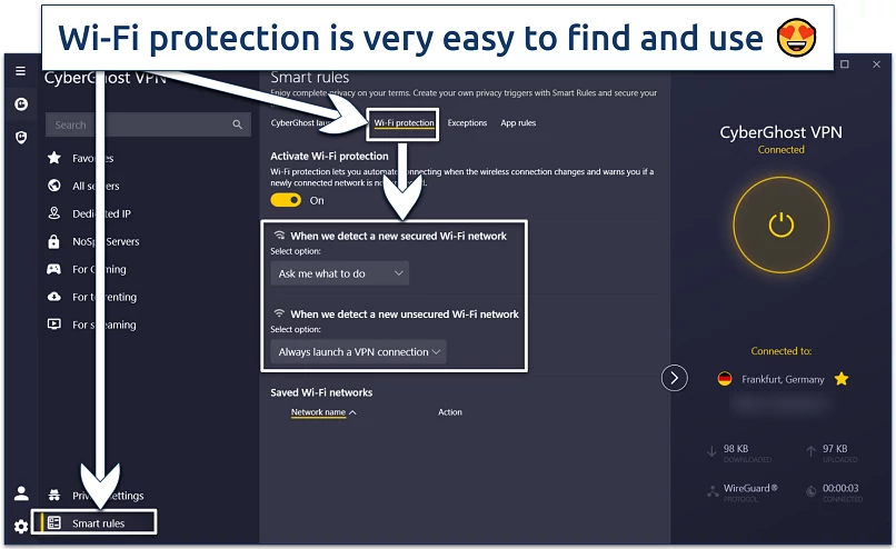 Screenshot of the CyberGhost app interface showing Smart rules
